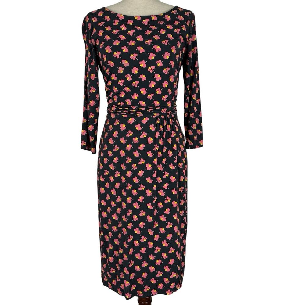 Boden Dress Women Size 6R Ruched Waist Faux Wrap Jersey Knit Floral Clover